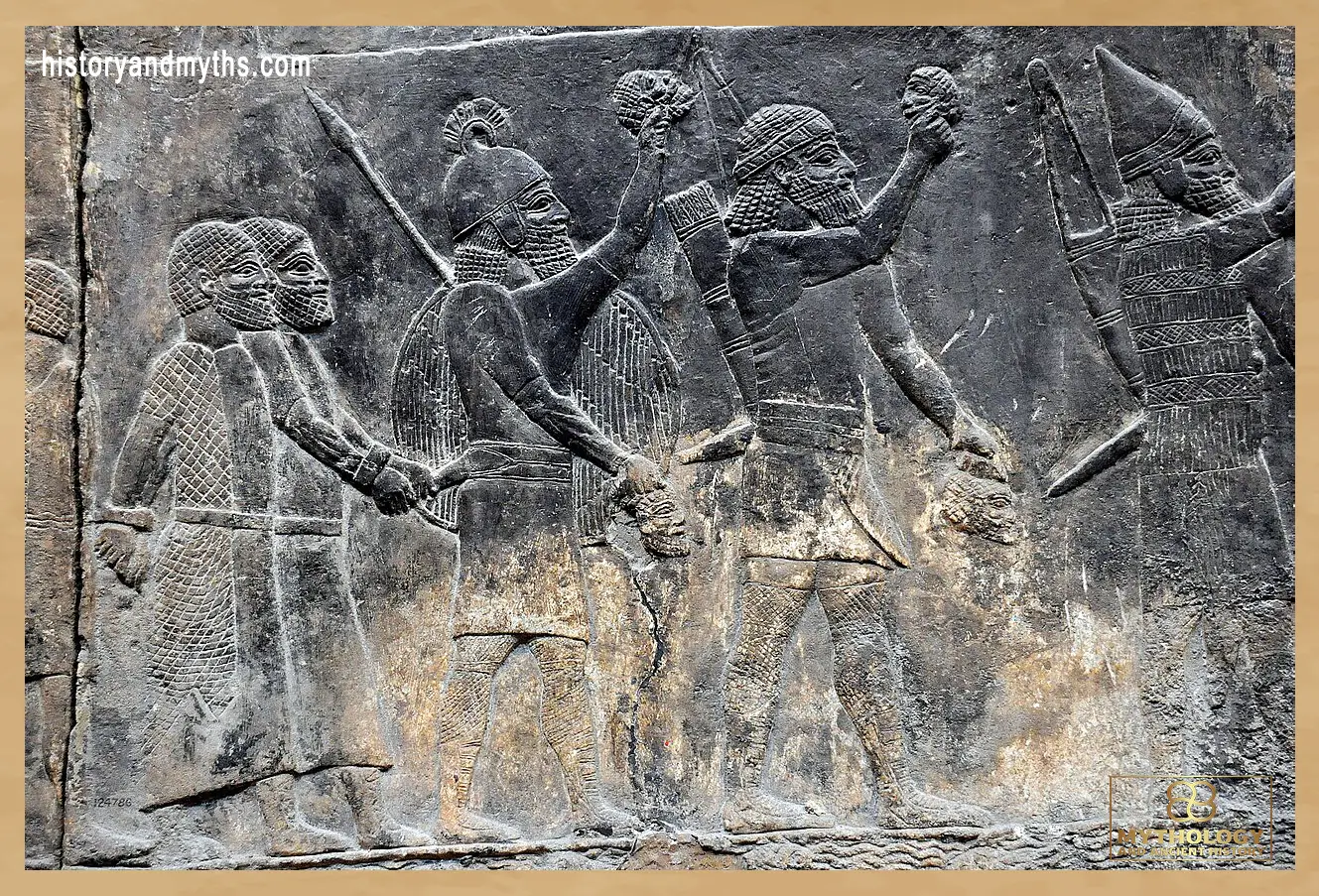 Assyrian soldiers with severed heads of prisoners, reign of Sennacherib