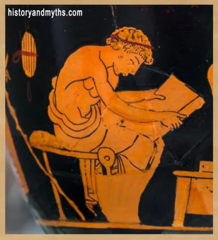 Youth reading from a papyrus roll with listeners, Attic red-figure kyathos attributed to Onesimos, ca. 500–490 BCE