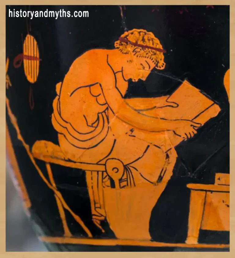 Youth reading from a papyrus roll with listeners, Attic red-figure kyathos attributed to Onesimos, ca. 500–490 BCE