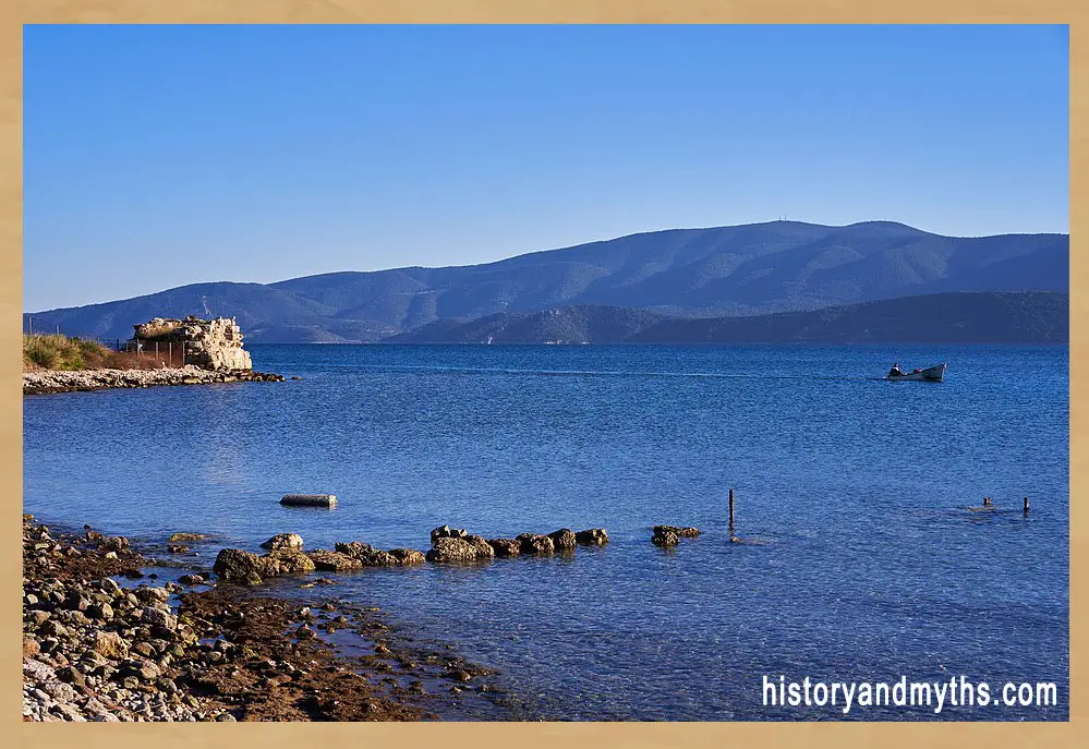 The ancient harbor of Kechries with its guarding tower near Corinth