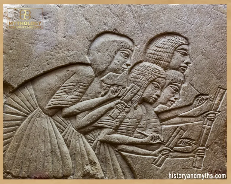 Tomb relief fragment depicting four scribes recording words dictated by the pharaoh