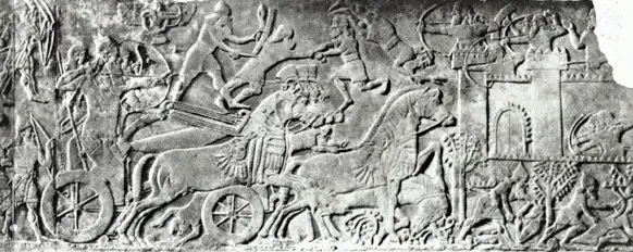 16n-top-left-Ashur-in-battle-above-his-king-softened-enemy-lines-for-easy-Ashurnasirpal-victory