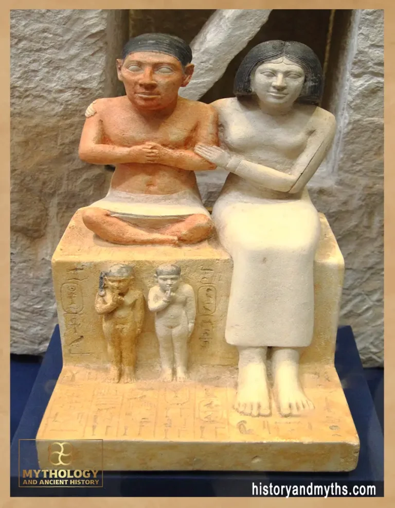 Group statue of Seneb and his family, Old Kingdom — illustrating household structure and adult–child relationships within ancient Egyptian society.