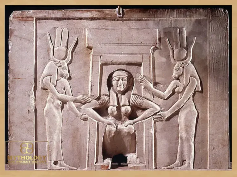 Ptolemaic plaque from Dendera depicting a woman giving birth with female assistance