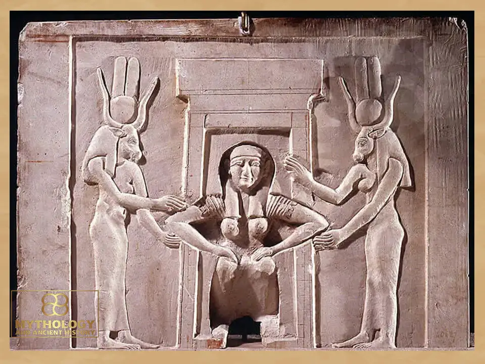 Ptolemaic plaque from Dendera depicting a woman giving birth with female assistance