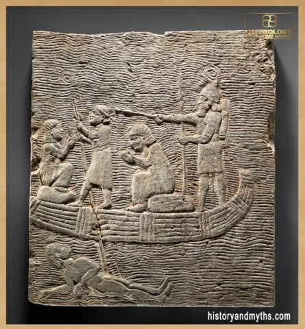 Assyrian soldier conducting captives across water, relief from Nineveh (7th century BC)
