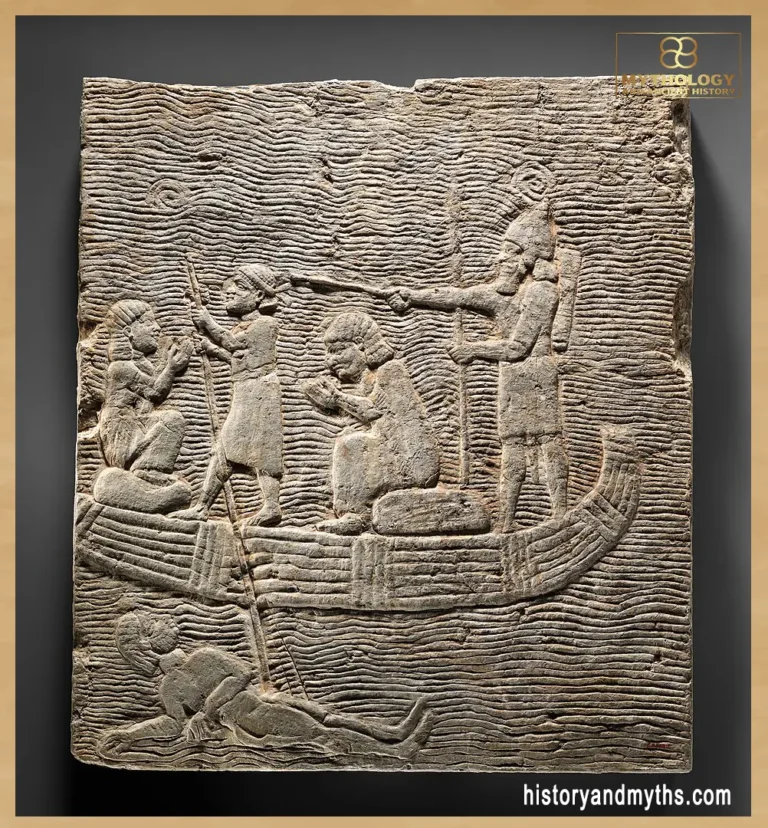 Assyrian soldier conducting captives across water, relief from Nineveh (7th century BC)