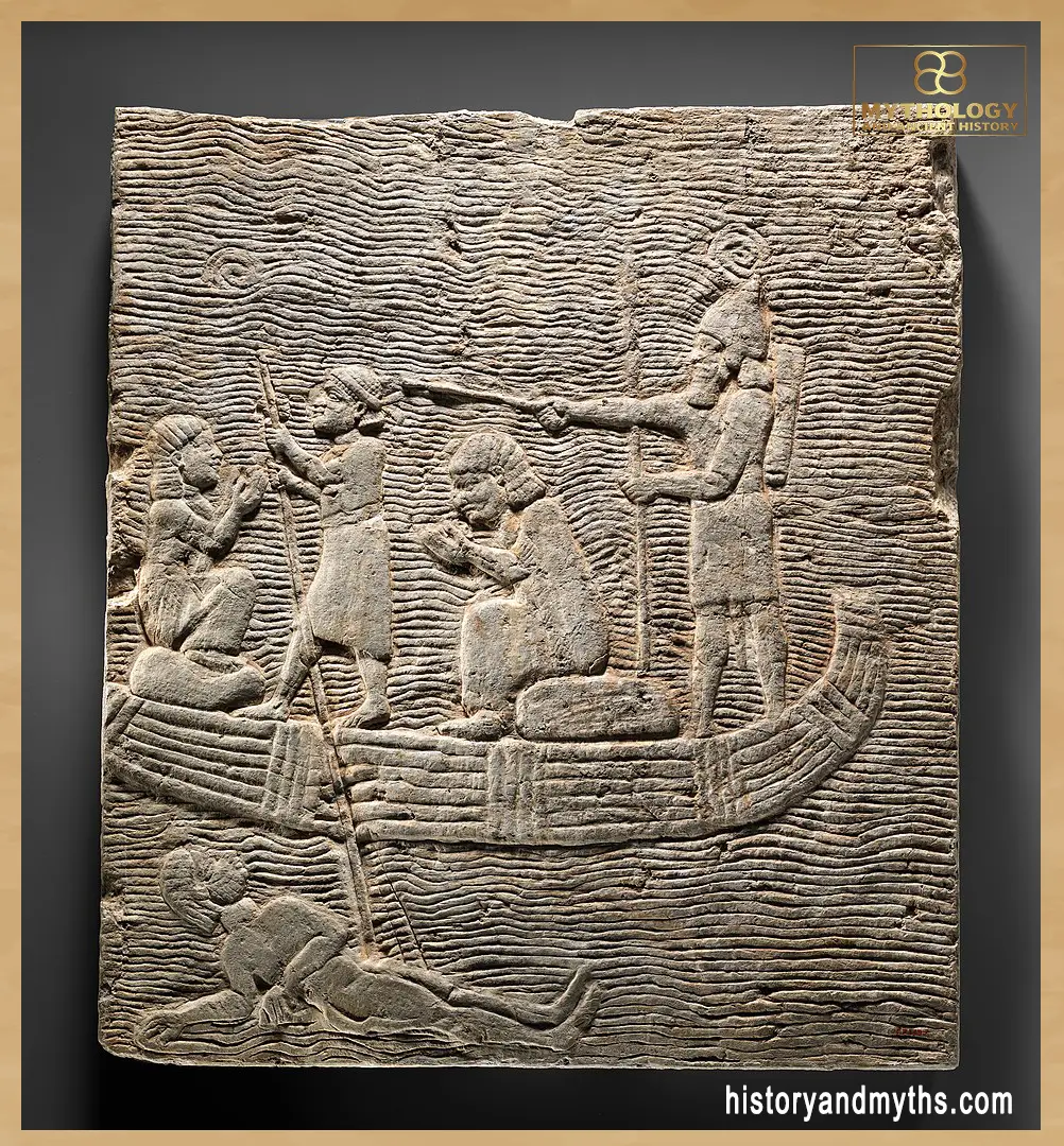Assyrian soldier conducting captives across water, relief from Nineveh (7th century BC)