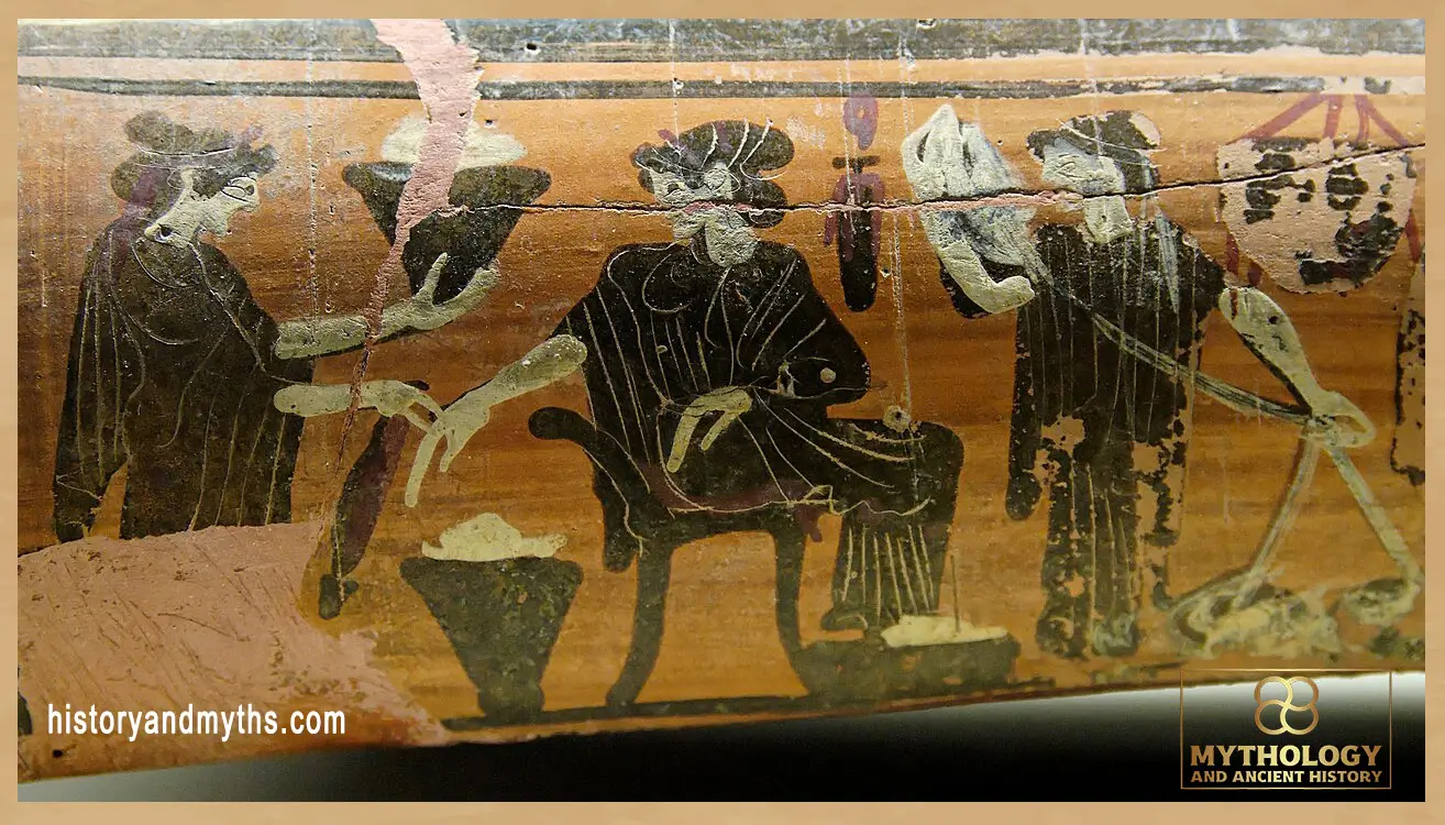 Women spinning inside the gynaeceum, detail from an Attic black-figure epinetron attributed to the Diosphos Painter (c. 500 BC)