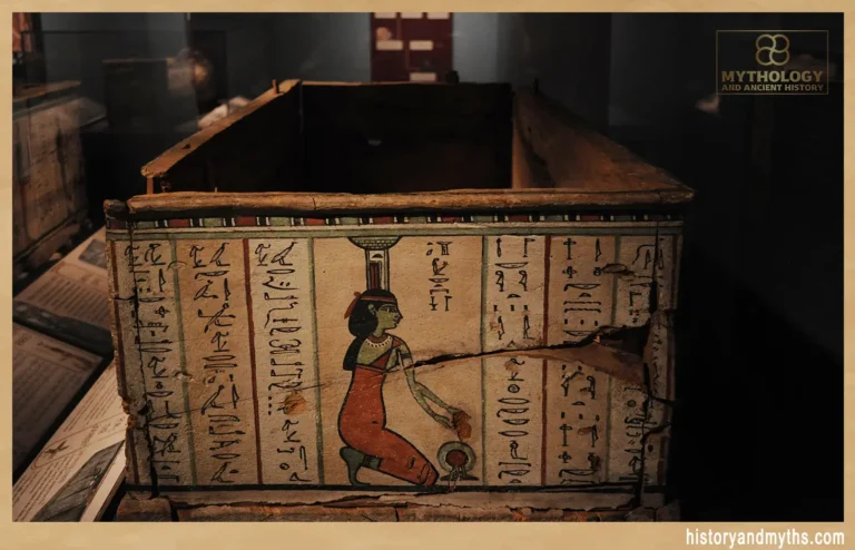Detail of the goddess Nephthys painted on the outer coffin of Ankh-Wennefer, Washington State History Museum.
