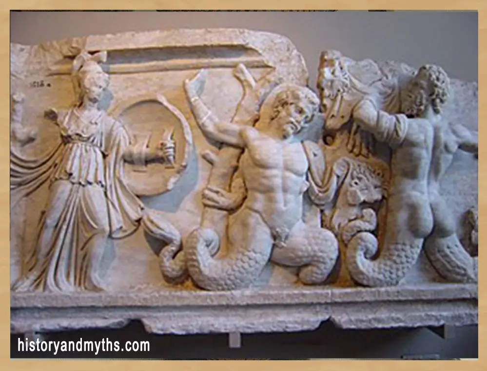 Gigantomachy frieze showing Athena battling serpent-legged Giants in the Roman-period agora of Aphrodisias, 2nd century AD
