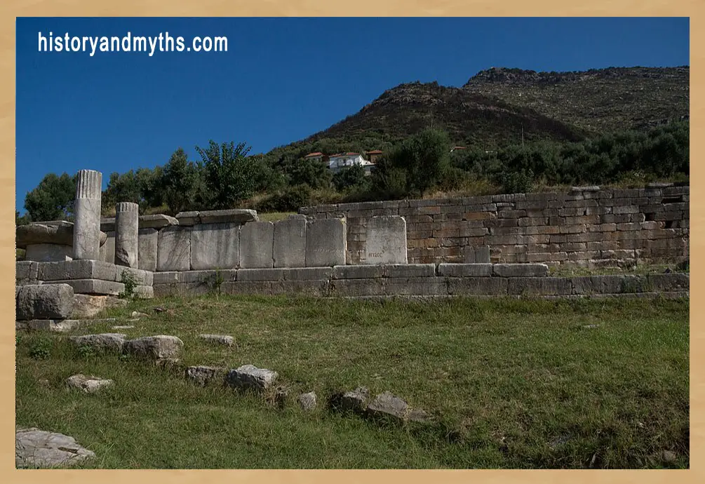 Remains of the Arsinoë fountain house in ancient Messene with Mount Ithome in the background