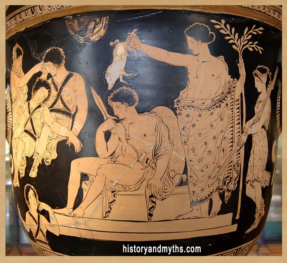 Orestes purified by Apollo while the Erinyes pursue him, Apulian red-figure bell-krater by the Eumenides Painter, c. 380–370 BC