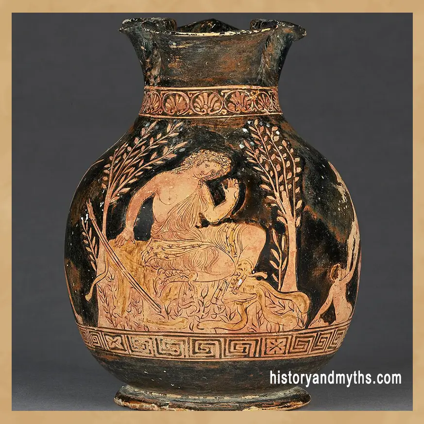 Apulian red-figure chous with Kallisto turning into a bear, c. 360 BC