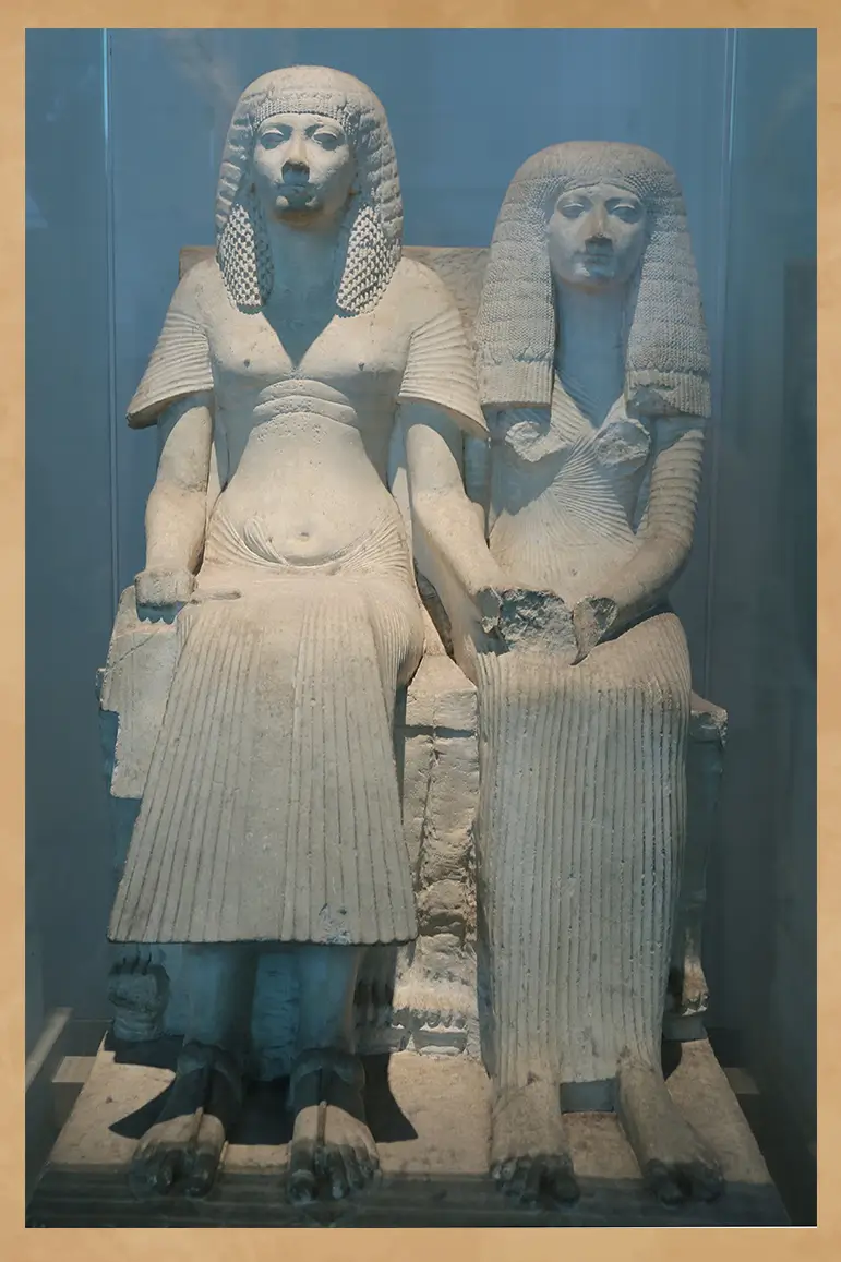 Limestone dyad of Horemheb and one of his wives