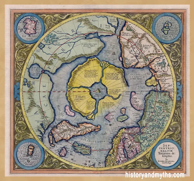 Mercator's Septentrionalium Terrarum Descriptio, map of the northern world, 1623, based on the work of Gerardus Mercator with additions from Willem Barentsz's voyages