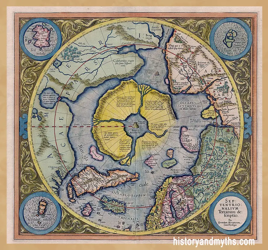 Mercator's Septentrionalium Terrarum Descriptio, map of the northern world, 1623, based on the work of Gerardus Mercator with additions from Willem Barentsz's voyages