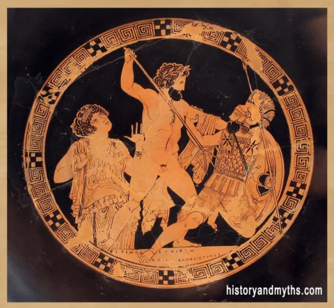 Poseidon attacking the Giant Polybotes in the presence of Gaia on an Attic red-figure cup, late 5th century BC