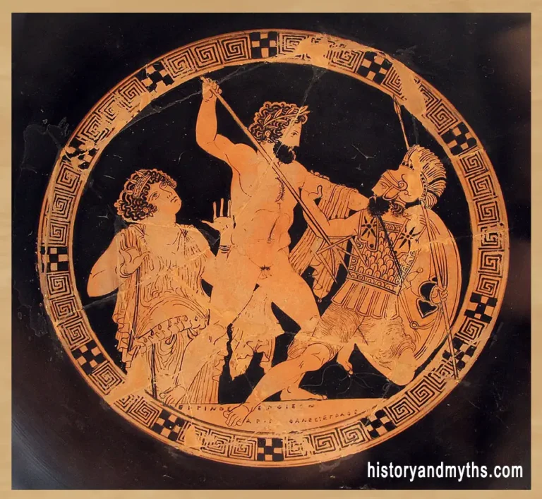 Poseidon attacking the Giant Polybotes in the presence of Gaia on an Attic red-figure cup, late 5th century BC