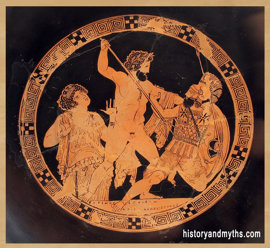 Poseidon attacking the Giant Polybotes in the presence of Gaia on an Attic red-figure cup, late 5th century BC