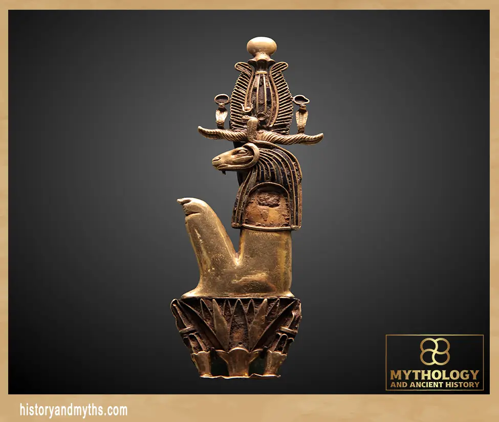 Gold amulet of Heryshef as a seated ram on a lotus