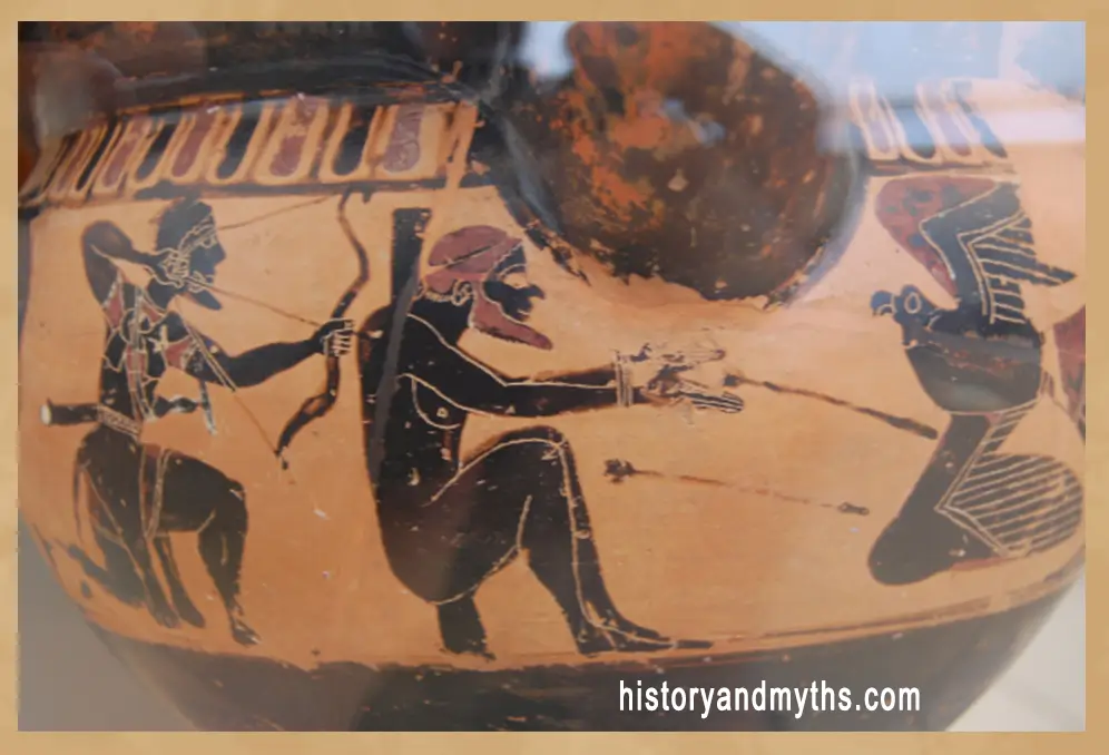 Heracles frees Prometheus and kills the eagle tormenting him