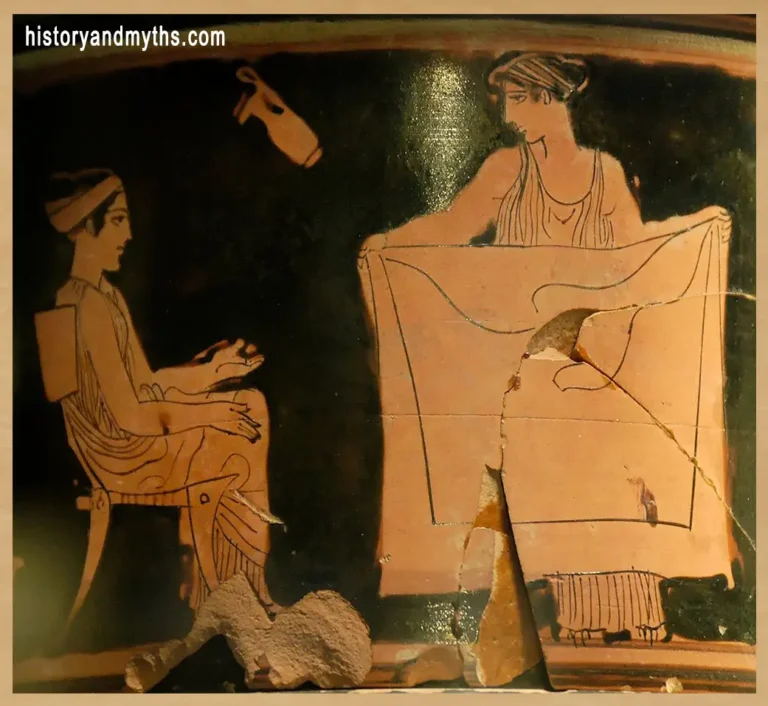 Women in the gynaeceum engaged in domestic activities, depicted on an Attic red-figure pyxis by the Painter of the Louvre Centauromachy (c. 430 BC)