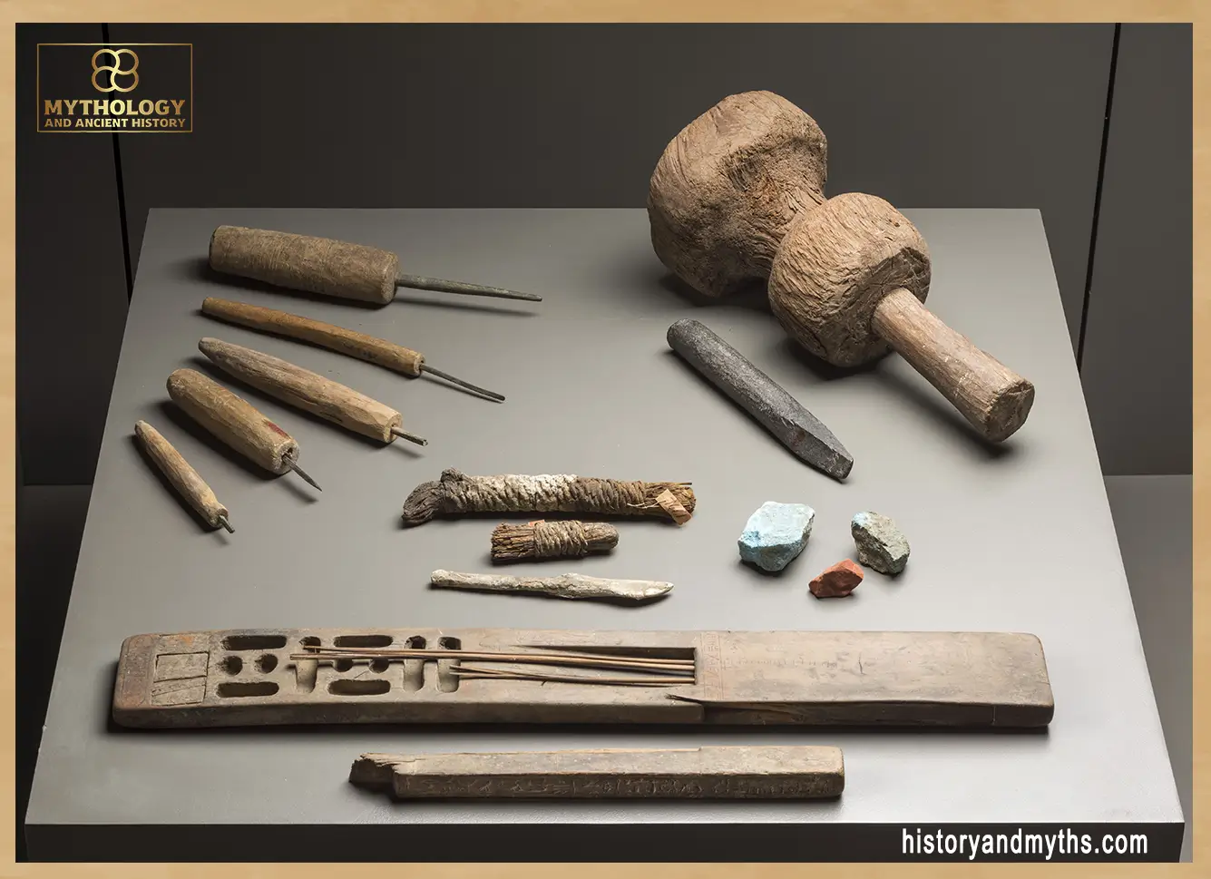 Scribal palette with ink cavities and reed pens, New Kingdom