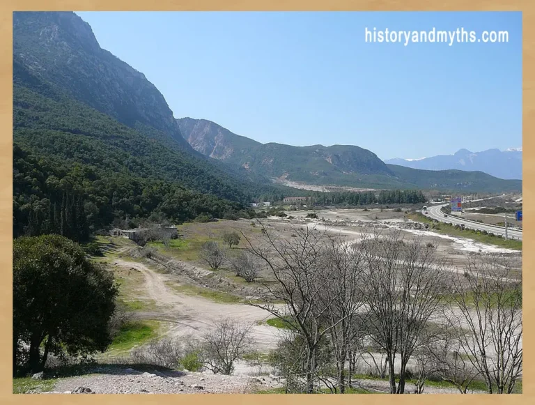 View of the Thermopylae pass near the site of the ancient Phocian Wall, showing the narrow strategic corridor between mountain and coastline
