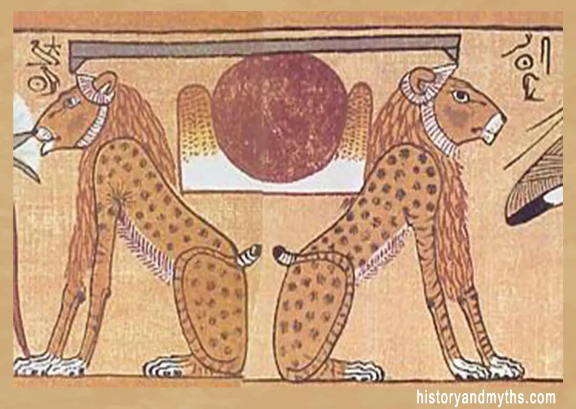This image shows the hieroglyph of the horizon guarded by the twin-lion god Aker (Ruti), from the Papyrus of Ani.