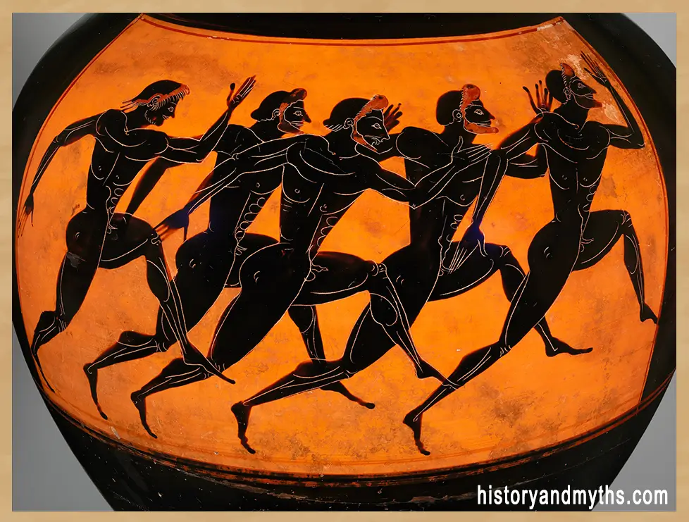 erracotta Panathenaic prize amphora (footrace detail), attributed to the Euphiletos Painter, ca. 530 BCE