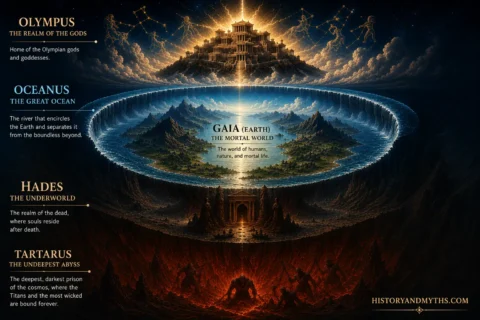 Diagram of the Greek mythological cosmos showing Olympus, Oceanus, Gaia, Hades, and Tartarus in a layered universe structure