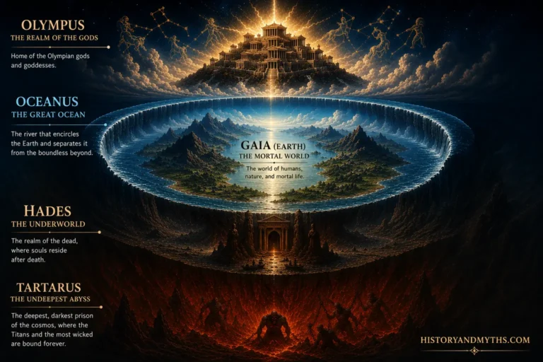 Diagram of the Greek mythological cosmos showing Olympus, Oceanus, Gaia, Hades, and Tartarus in a layered universe structure