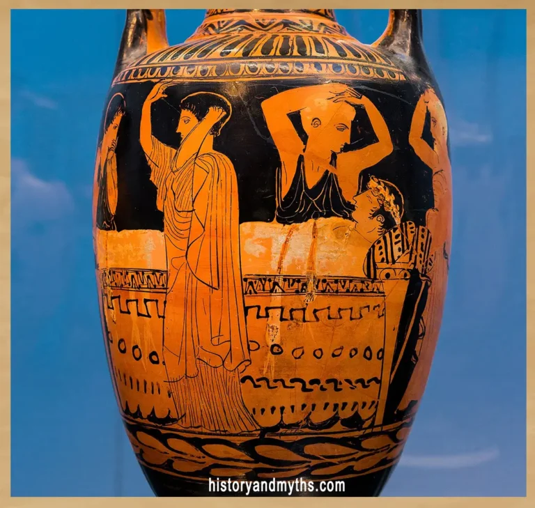 Prothesis scene (funeral display), Attic red-figure loutrophoros, ca. 440 BCE, attributed to the Naples Painter