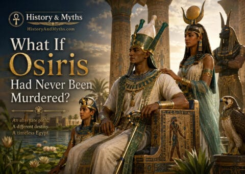 Osiris seated on a throne in an alternate ancient Egyptian mythology scene