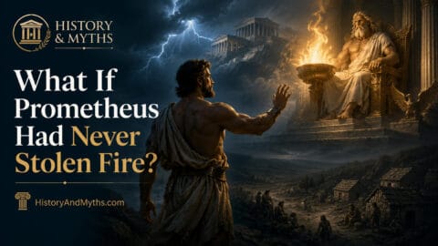 Prometheus facing Zeus while fire remains under divine control in an alternate Greek mythology scenario