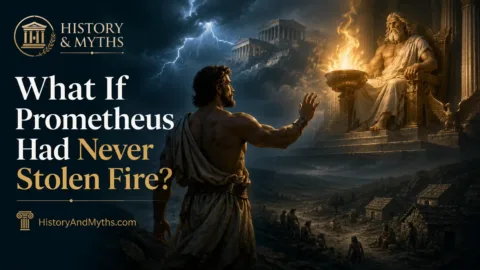 Prometheus facing Zeus while fire remains under divine control in an alternate Greek mythology scenario