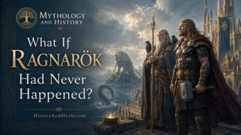 An alternate Norse mythology illustration imagining a world in which Ragnarök never happens, with Odin and Thor surviving while Fenrir, Jörmungandr, and the fate of the Nine Worlds remain unresolved.