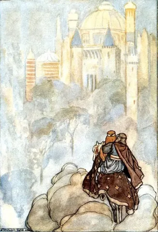 Oisín and Niamh arriving in Tír na nÓg, illustration by Stephen Reid. Public domain, via Wikimedia Commons.