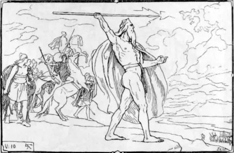 Odin throws his spear at the Vanir during the Aesir-Vanir War, illustration by Lorenz Frølich, 1895. Public Domain. Source: Wikimedia Commons.