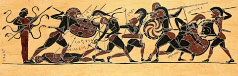 Death of Achilles, based on a drawing of a lost Chalcidian amphora (c. 540–530 BCE), after A. Rumpf, Chalkidische Vasen (1927). Digitally colorized by Kathleen Vail (AishaAbdel). Source: Wikimedia Commons. CC0 1.0 / Public Domain.