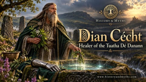Dian Cécht, healer of the Tuatha Dé Danann, beside a healing well with herbs and Nuada’s silver hand