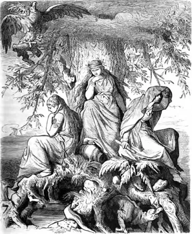 Urðr, Verðandi and Skuld beneath Yggdrasil, illustration by Ludwig Burger, 1882. Public domain, via Wikimedia Commons