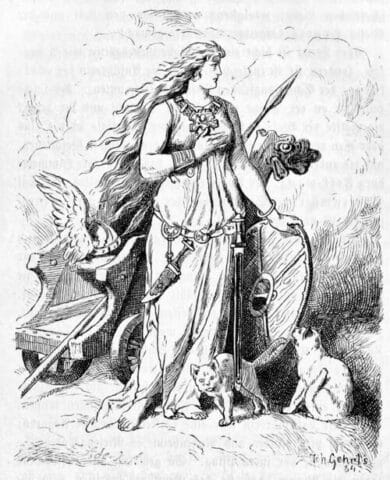 Freyja with her cats (1888) by Johannes Gehrts. Public domain. Source: Wikimedia Commons.