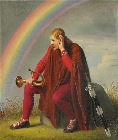 Heimdall listening beside Bifröst, painting by Constantin Hansen, 1860. Public domain, via Wikimedia Commons.