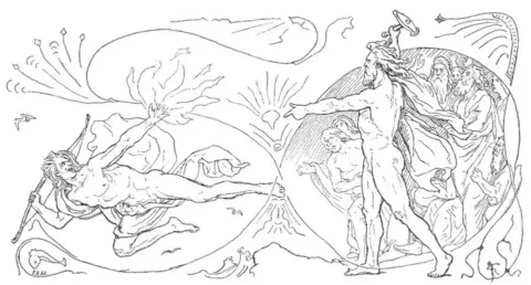 Loki leaves the hall and threatens the Æsir with fire, while Thor stands to the right holding Mjölnir. Illustration by Lorenz Frølich, published in 1895 in Den ældre Eddas Gudesange. Wikimedia Commons. Public Domain