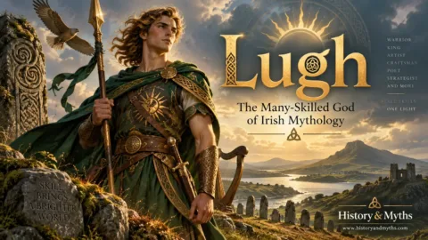 Lugh, the many-skilled god of Irish mythology, shown with a spear, harp, and symbols of kingship and craftsmanship in an ancient Irish landscape.