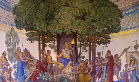 Heimdallr brings forth the gifts of the gods to humans, mural by Nils Asplund, 1907. Photo by Vogler, CC BY-SA 3.0, via Wikimedia Commons.