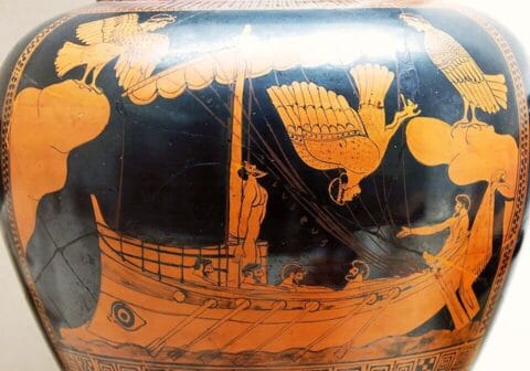 Siren Painter, Odysseus and the Sirens, Attic red-figure stamnos, c. 480–470 BCE. Photograph by Jastrow. Public Domain, via Wikimedia Commons