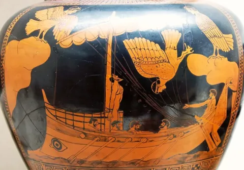 Siren Painter, Odysseus and the Sirens, Attic red-figure stamnos, c. 480–470 BCE. Photograph by Jastrow. Public Domain, via Wikimedia Commons